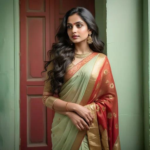Prompt: In an intimate indoor setting, a young woman radiates grace while standing against a pale green wall, her long, dark hair cascading down her back in soft waves. She wears an elegant outfit comprising a light-colored, intricately patterned saree paired with a richly adorned dupatta showcasing vibrant reds and golds, adding a touch of traditional charm. With a subtle smile, she turns her body slightly to one side, creating a playful and inviting demeanor as she glances back at the viewer. The soft lighting accentuates her features and the delicate textures of her attire, evoking a warm, celebratory mood that embodies the spirit of cultural heritage.