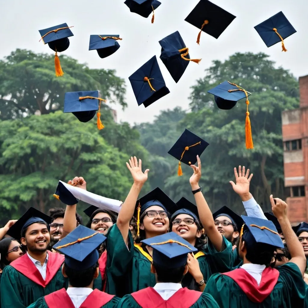 Prompt: Graduated student flying their afron cap to the sky in front of Carzon hall university of Dhaka, the background will be Dhaka university Arts Building and all the students male are very happy.