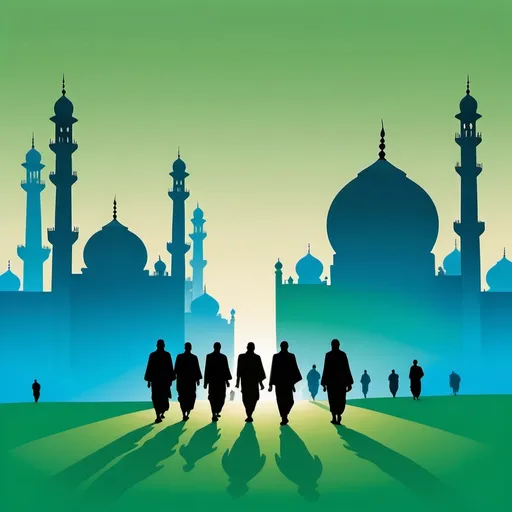 Prompt: A minimalist landscape of Bangladeshi Muslims on their way to a mosque for prayer. The image features simple, clean lines and minimal details, focusing on the silhouettes of the people and the mosque’s distinct minarets and domes. The background is a gradient of green and blue, emphasizing tranquility.