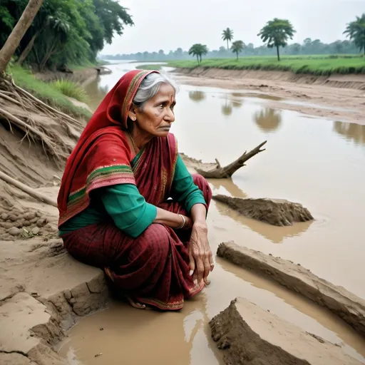 Prompt: Create a realistic and emotional image of severe river erosion in Bangladesh, highlighting an elderly woman sitting near the edge of the eroded riverbank. The woman is dressed in a traditional sari, squatting with a look of sadness and contemplation. The eroded riverbank should be clearly visible, showing the extent of the damage. Include subtle details of the surrounding environment, such as debris and the remnants of damaged land, to emphasize the harsh impact of the erosion. The background should be minimal, ensuring the focus remains on the woman and the eroded riverbank, capturing the poignant reality of her situation.