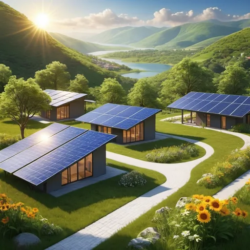 Prompt: "Create a stunning and realistic poster that showcases the solar energy sector within a vibrant, natural landscape. The scene is illuminated by the radiant sun, casting warm, golden light onto futuristic solar panels installed on rooftops and across an expansive solar farm. The design should seamlessly blend elements of blooming flowers, illuminated landscapes, lush woodlands, and a clear river, highlighting the harmonious connection between nature and solar energy. The overall aesthetic should be serene yet impactful, capturing the beauty and potential of renewable resources. Verdant hills and a tranquil river winding through a lush valley should be visible, all under a vivid azure sky with fluffy white clouds. The solar panels, nestled on the hills and rooftops of modern structures, should symbolize a strong commitment to renewable energy, blending seamlessly with the environment."