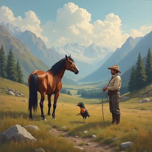 Prompt: A horse, one bird and farmer in mountain valley