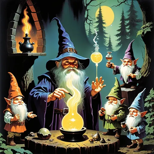 Prompt: 1970s dark fantasy book cover art of a wizard teaching gnomes how to make potion