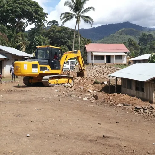 Prompt: Photos of evection, bulldozing house 🏠 in Buswara,PNG. Create ain images of people cann images of people carrying cargos and look for places.

On a banner write hon.john Kaupa please help us find an in 14 mile as you've said earlier.on the other banner. Write please King of the settlement JJ help us
