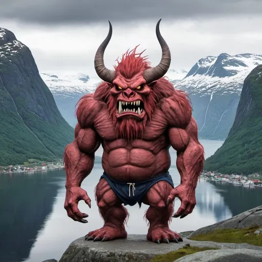 Prompt: A monster from norway with a background of norway amd their scenery 