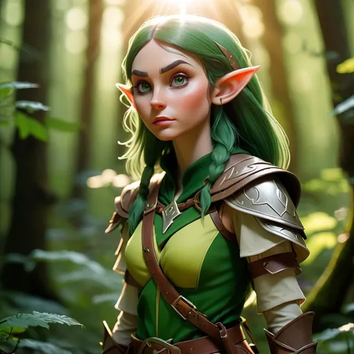 Prompt: Elf ranger in a mystical forest around sunlight