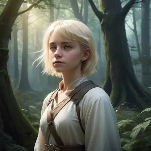 Prompt: Ethereal high-fantasy landscape, dense forest, one 14 years old blond hair, short hair, female cleric, alone, smirk, loss and grief, bright, ultra realistic, atmospheric , high-fantasy, detailed characters,