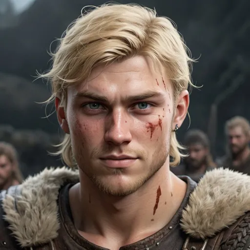 Prompt: 21-year-old male viking with blond hair and a smirk, ultra-realistic, detailed full body, dirty, injured, atmospheric, detailed characters, alone,