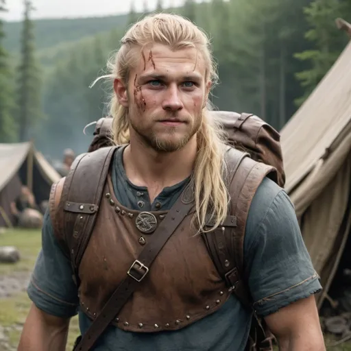 Prompt: 28-year-old male viking with blond hair and a smirk, ultra-realistic, dirty, injured, detailed characters, near camp, carrying small backpack, establishing shot