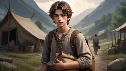 Prompt: ultra-realistic, detailed characters, dark fantasy, 15-year-old male peasant with brown hair, dirty, old bag, establishing shot, near camp, professional, detailed clothing, atmospheric lighting, detailed facial features, rugged landscape