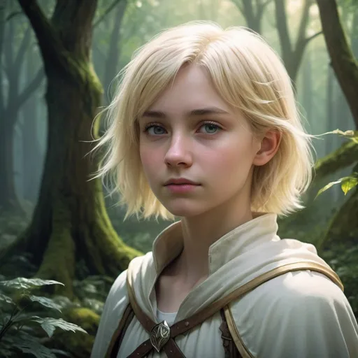 Prompt: Ethereal high-fantasy landscape, dense forest, one 14 years old blond hair, short hair, female cleric, alone, smirk, loss and grief, bright, ultra realistic, atmospheric , high-fantasy, detailed characters,