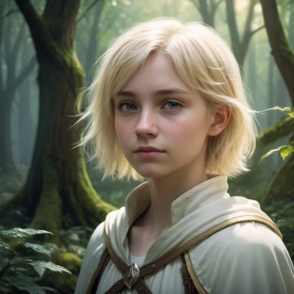 Prompt: Ethereal high-fantasy landscape, dense forest, one 14 years old blond hair, short hair, female cleric, alone, smirk, loss and grief, bright, ultra realistic, atmospheric , high-fantasy, detailed characters,