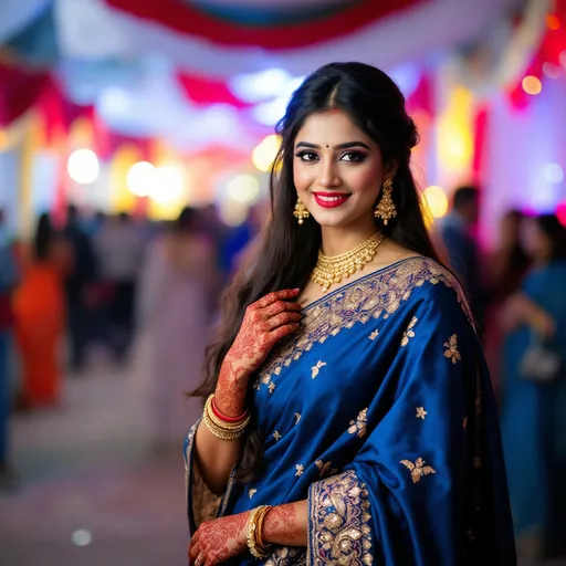 Prompt: Radiating elegance, a young woman stands confidently at a festive gathering, draped in a stunning blue saree adorned with intricate patterns that shimmer softly under the ambient light. Her expressive face, framed by long, dark hair, features bold red lips and ornate earrings that catch the eye. Henna designs embellish her hands, harmonizing with the traditional attire, while she poses with a graceful assurance. The backdrop is a vibrant tapestry of red and white drapery, with blurred figures mingling in the distance, suggesting a lively celebration that enhances the cheerful atmosphere of the event. The overall composition beautifully captures a moment of cultural celebration and personal style, inviting viewers into the warmth of the occasion.