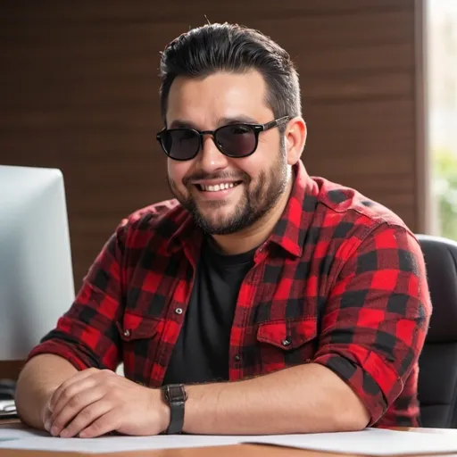 Prompt: Man, smile, a bit fat, with light beard, undercut black hair wearing red-black flanel shirt and sunglasses,  sit facing front, hand on the desk, warm lighting. Ratio picture 9 : 16. Realistic