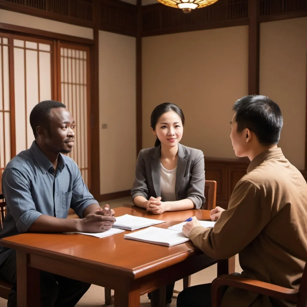 Prompt: African interpreter speaking to another person of Chinese origin , three people in the room two African one Chinese 