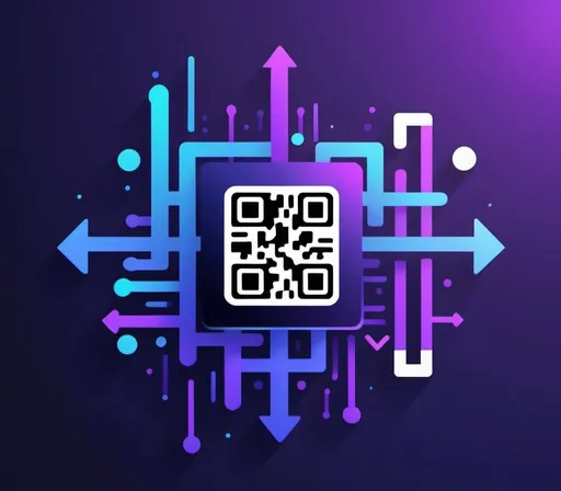 Prompt: Please generate a QR for an online stock trading application, using a minimalistic style in blue and purple. Please use only one upward arrow shaped as the number 1 in blue and only one downward arrow shaped as the number 1 in purple as the main design elements. 