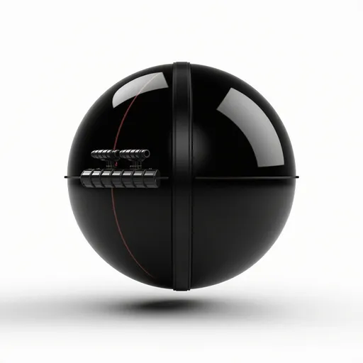 Prompt: 
The image is a 3D rendering and front view of a futuristic weapon system. The whole system is encased in a sphere that is sliced equally into  two parts horizontally . The whole sstructure is floating in the air.  the spheres are completely transparent and reveal a strong titanium frame to which structures inside are attached. It appears to be a part of a bigger system where this is just a component. the Inside the Sphere reveals an   array of forward facing  canons  , sensors and radar looking structures . the cannon touretts inside  are rectangular and not circular. They appear to be capable of  firing high energy beams and clearly a wepaon.The weapon is in off position but redish, violet light is still emitting from the rouretts. The cannons are placed on a gyroscopic type structure that appears to give full mobility for the cannons to rotate in all directions. The body of the sphere   is black and grey and has a sleek, shining obsedian blaxck body. iThe background is soft grey with soft lighting.  