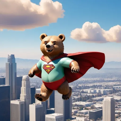 Prompt: a bear as cartoon hero flying over los angeles during a suny day