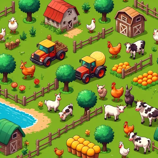 Prompt: (2D sprite images), colorful, vibrant animations, pixel art style, retro aesthetics, farm-themed elements, cartoonish character designs, lush green background, playful ambiance, charming farm landscapes, whimsical crops and animals, suitable for a farming game, smooth animation details, lively action sequences, ultra-detailed HD quality.