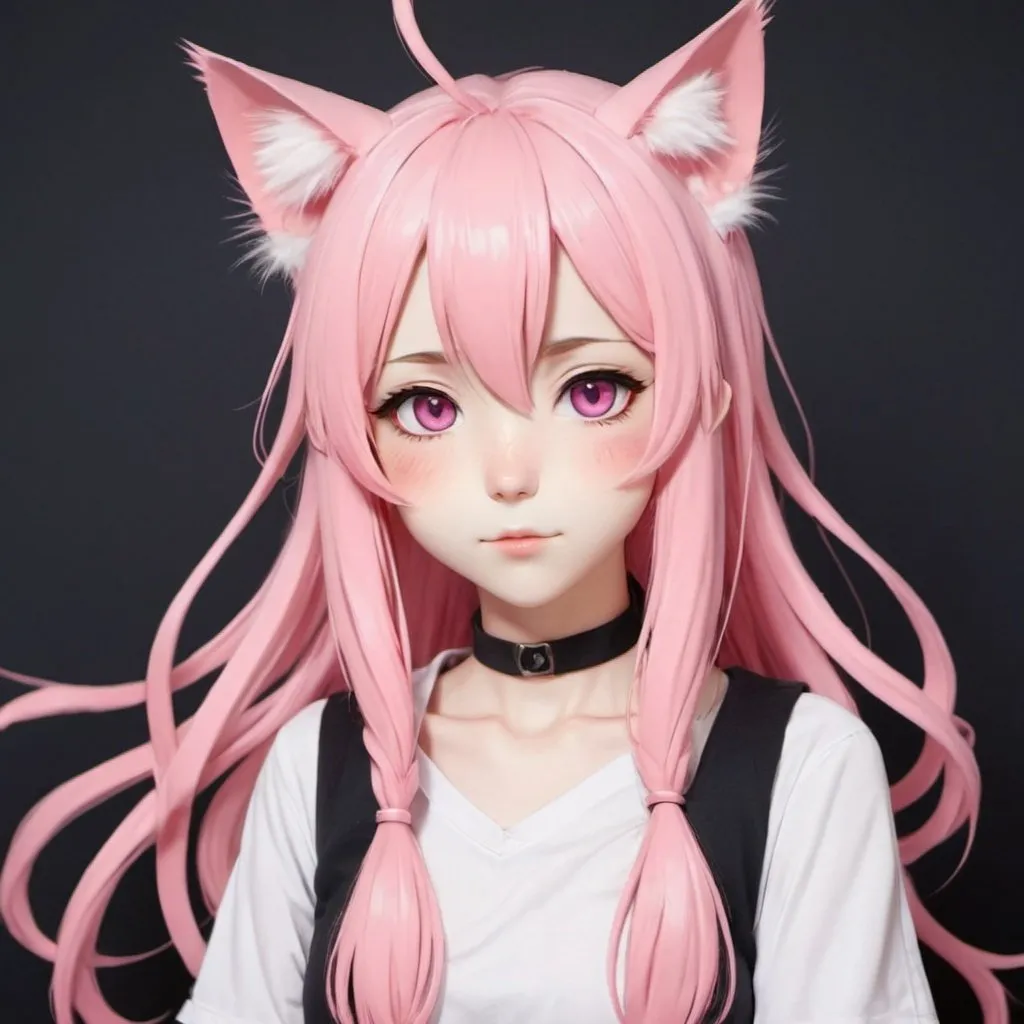 Prompt: create a anime girl , has a cat ears and tail ,she has a long hear and pink eyes