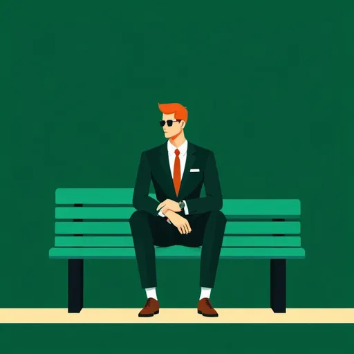 Prompt: Flat illustration an anixious man looking his watch with suit, sitting on dark green bench, solid colours,simple forms, simple shapes, vector, minimalism