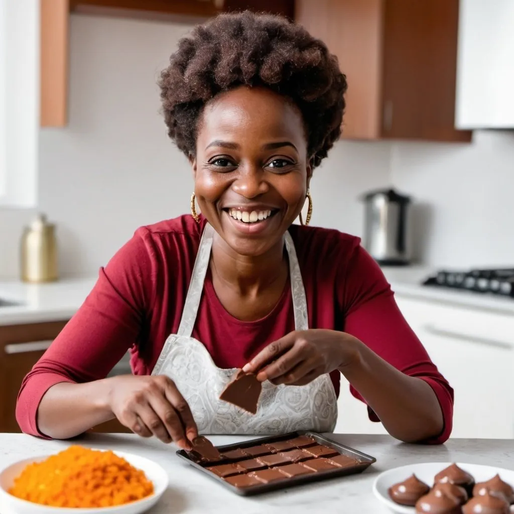 Prompt: African mother tasting her recipe as she smiles while preparing food for eid al adha with a bar of chocolate on the table


