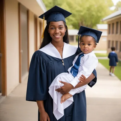 Prompt: Image of a young mother in school uniform with a child in her hand 
Image of a young mother i a graduation gown with her young child in her hand
