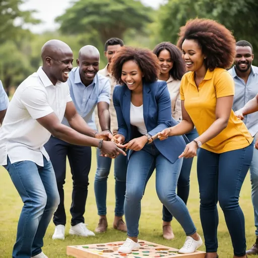 Prompt: Image of african corporate workmates both men and women in a team building activity enjoying engaging games and activities outdoors dressed casually
