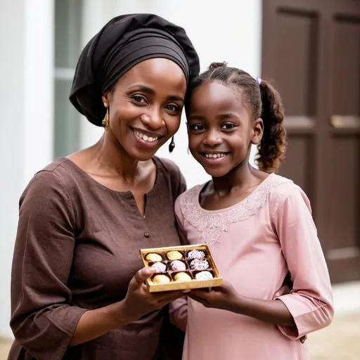 Prompt: African Mother and daughter holding eachother close during eid celebration while holding a bar of chocolate
