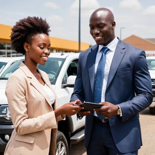 Prompt: Image of an african businessman and woman shopping for a SUV OR PICKUP TRUCK for their business with an image of the trucks in the background