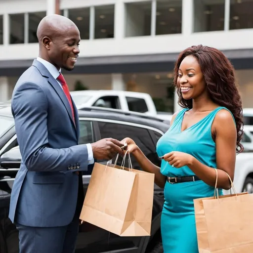 Prompt: Image of an african businessman and woman shopping for a SUV OR PICKUP TRUCK for their business