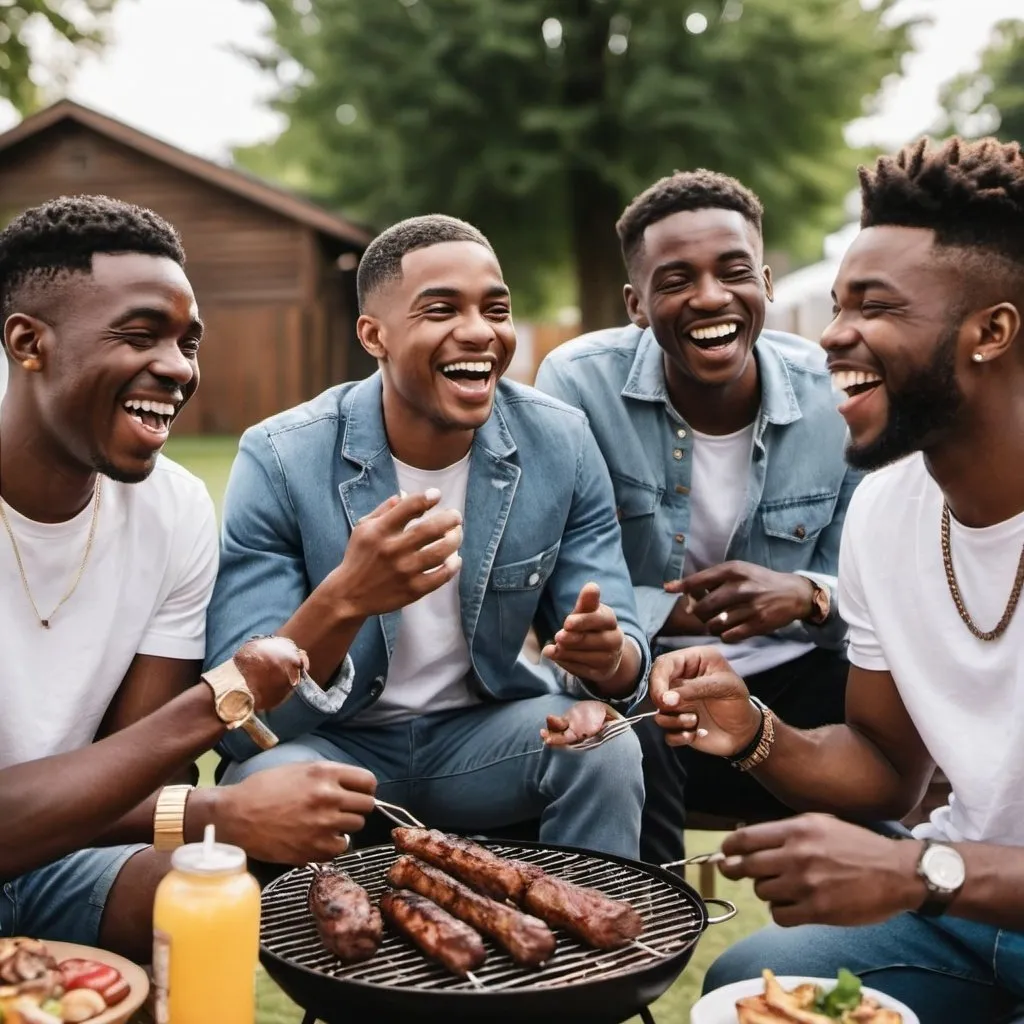 Prompt: Millenial and Gen Z African men seated enjoying a barbecue together while discussing and laughing