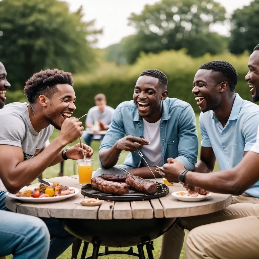 Prompt: Millenial and Gen Z African men seated enjoying a barbecue together while discussing and laughing