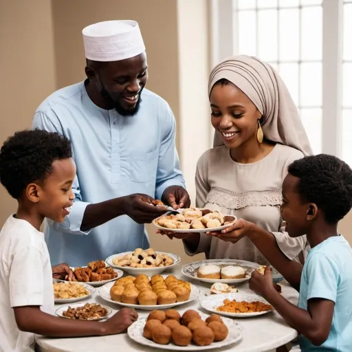 Prompt: African family sharing food and treats as they celebrate eid al adha together

