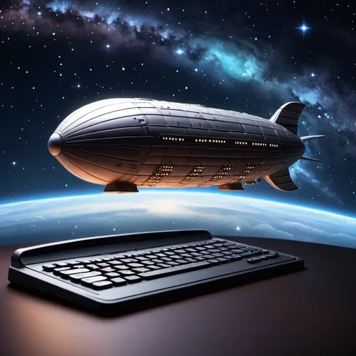 Prompt: background, space, stars, airship that looks like spacebar from keyboard, universe