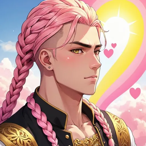 Prompt: guy, strong, handsome, king, yellow, pink, braids, love, sun, hearts, anime