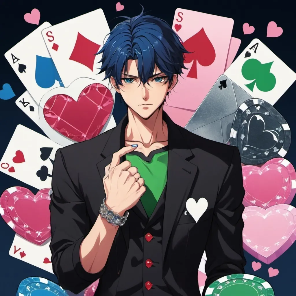 Prompt: anime guy, strong, handsome, cards, supreme, blue, red, pink, green, spades, hearts, diamonds, clubs