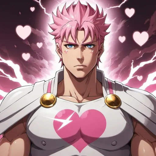 Prompt: guy, strong, handsome, king, white, pink, serious, love, hearts, thunderbolt, anime