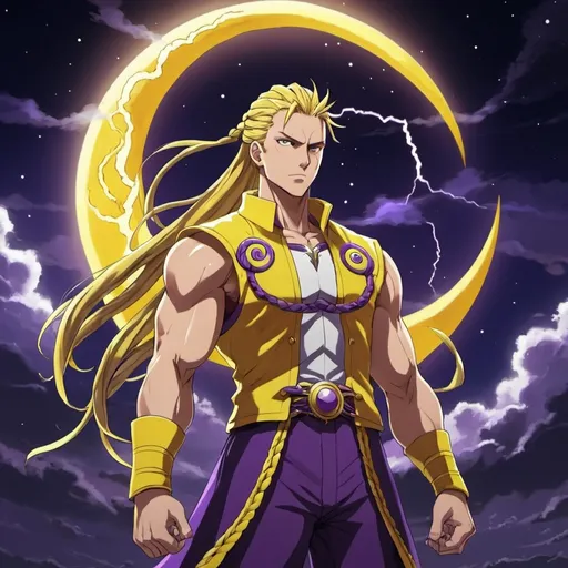 Prompt: guy, strong, handsome, king, yellow, violet, white, tall, serious, braids, sun, moon, night, thunderbolt, anime