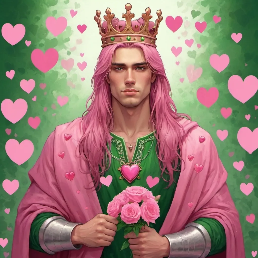 Prompt: guy, strong, handsome, king, pink, green, tall, long hair, love, hearts, flowers