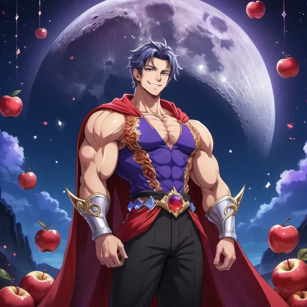 Prompt:  anime guy, strong, handsome, king, blue, violet, red, tall, smile, himbo, big, muscles, moon, fire, night, crystals, apples