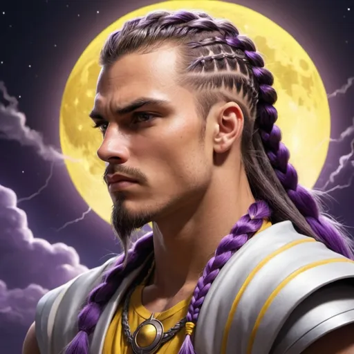 Prompt: guy, strong, handsome, king, yellow, violet, white, tall, serious, braids, sun, moon, night, thunderbolt