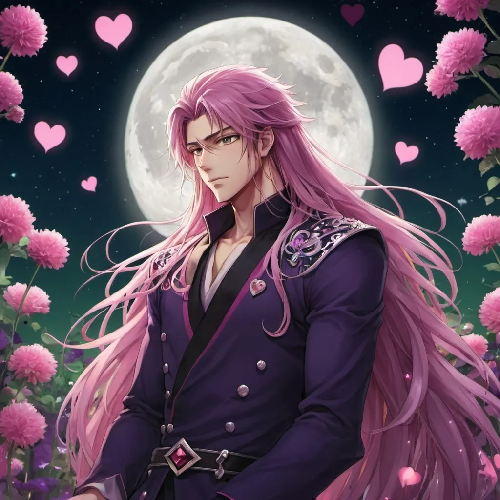 Prompt: anime guy, strong, handsome, king, violet, pink, green, tall, long hair, love, hearts, flowers, moon, night