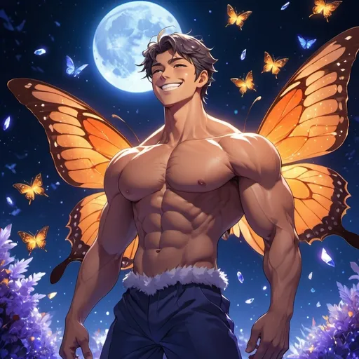 Prompt: anime guy, strong, handsome, king, orange blue, violet, tall, smile, happy, big, muscles, moon, crystals, night, butterfly