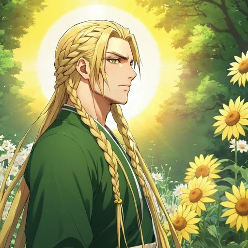 Prompt: guy, strong, handsome, king, yellow, green, tall, long hair, braids, sun, flowers, anime