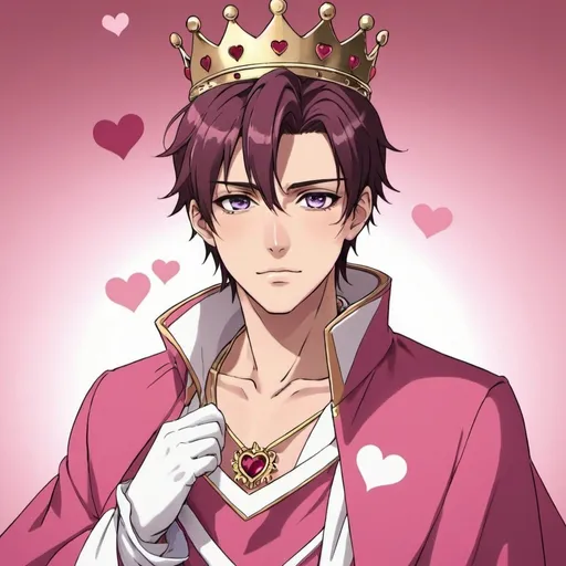 Prompt: guy, handsome, king, hearts, pink, anime
