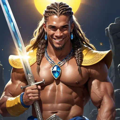 Prompt: guy, strong, handsome, king, yellow, blue, black, big, muscles, long wavy hair, braids, smile, crystals, sun, sword