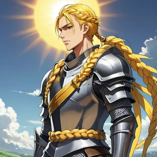 Prompt: guy, strong, handsome, king, knight, yellow, braids, sun, anime