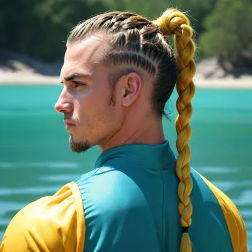 Prompt: guy, strong, handsome, king, yellow, teal, tall, braids, ponytail, water, sun