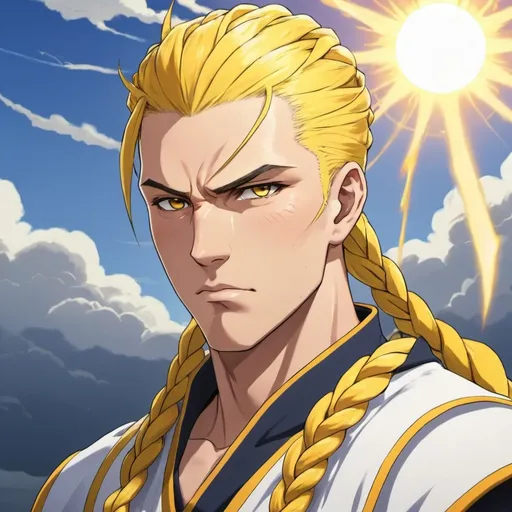 Prompt: guy, strong, handsome, king, yellow, white, serious, braids, sun, thunderbolt, anime